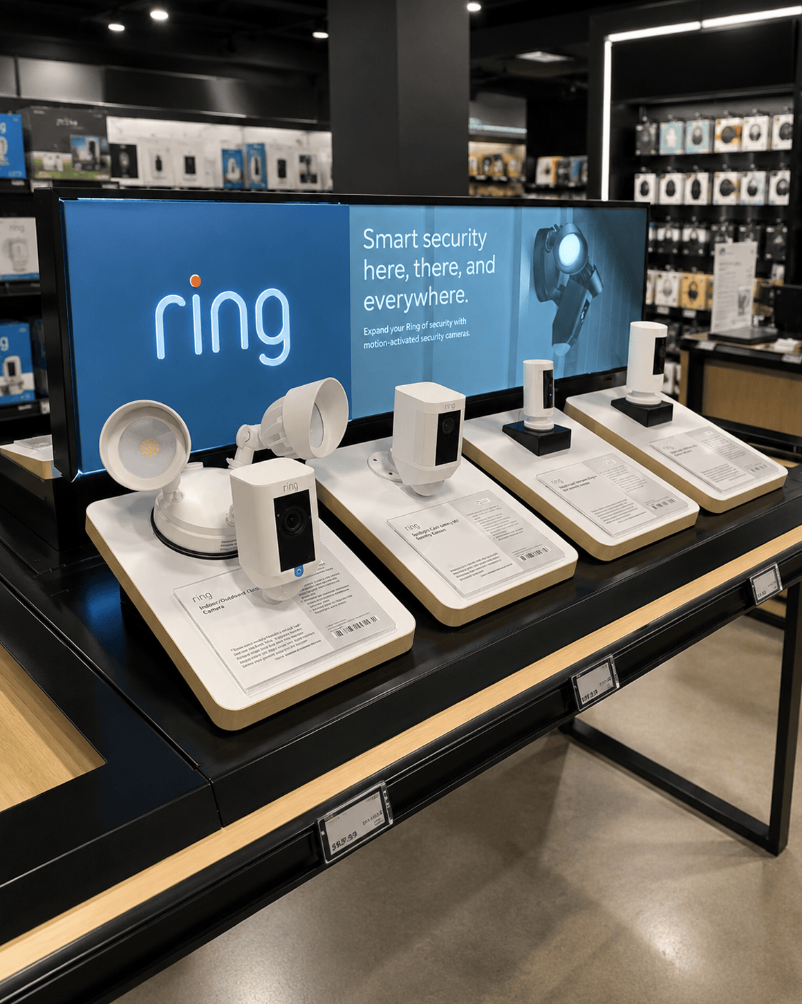 arX Display electronics and consumer tech retail display for Ring smart security cameras, with backlit brand graphics and lit product trays
