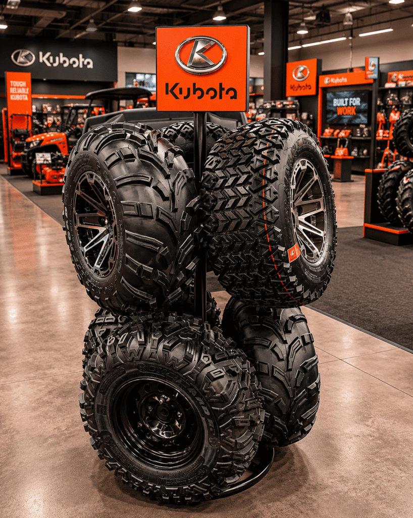 arX Display freestanding Kubota merchandiser with branded illuminated header, pegboard hooks, and bin storage in a dealership showroom