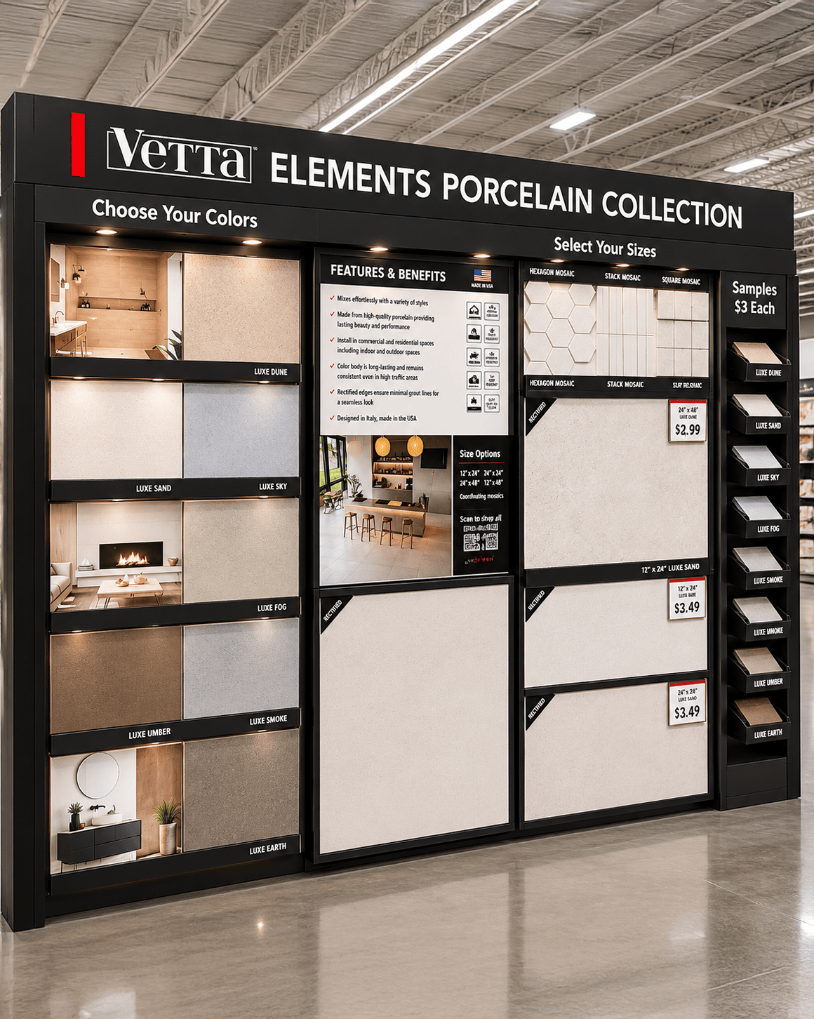 arX Display inline and endcap display for the Vetta Elements Porcelain Collection, featuring backlit tile color samples, size selection panels, and pricing