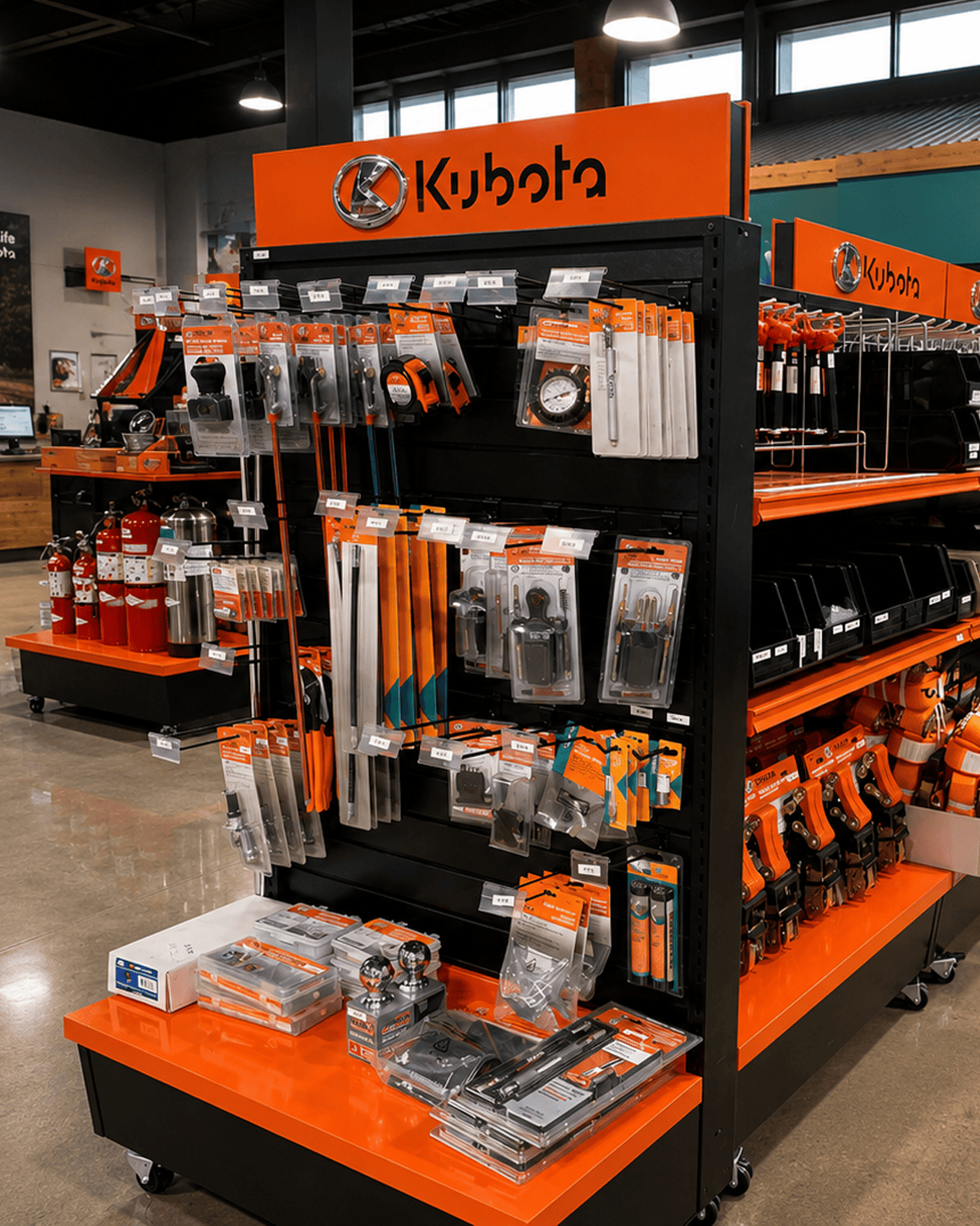 arX Display Kubota store fixture with double-sided gondola shelving, pegboard accessory merchandising, and an illuminated brand header