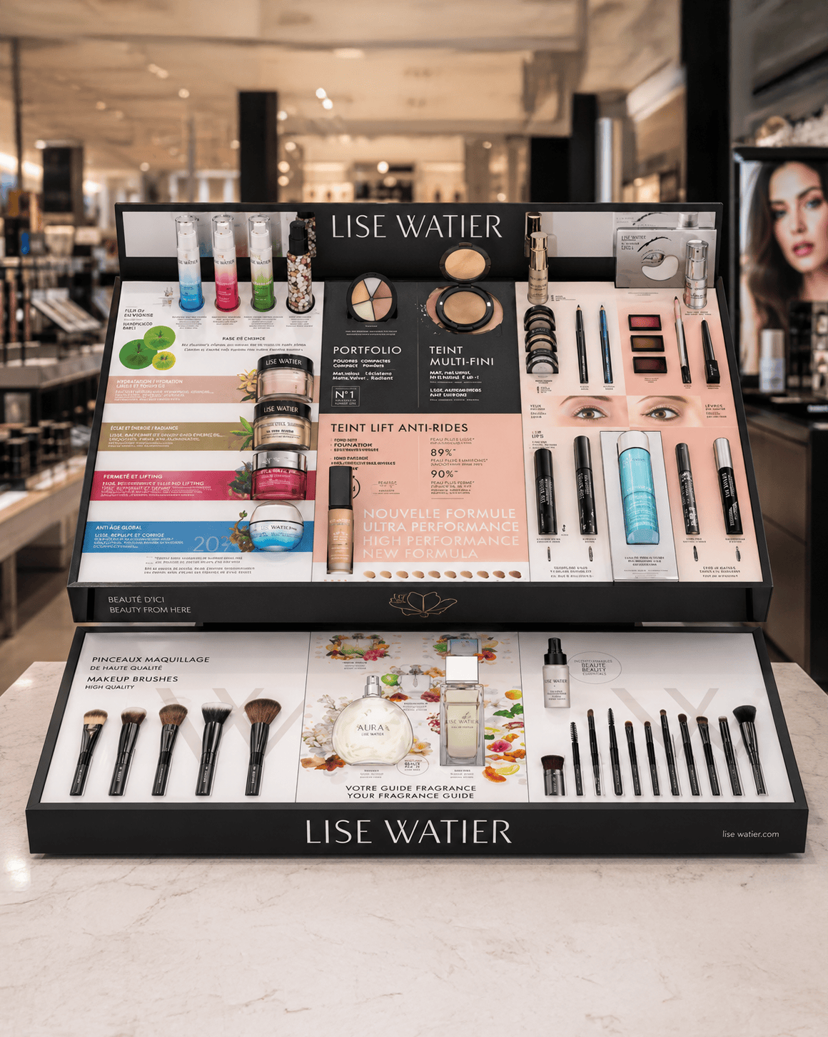 arX Display beauty and personal care countertop tester unit for Lise Watier cosmetics, skincare, fragrance, and makeup brushes