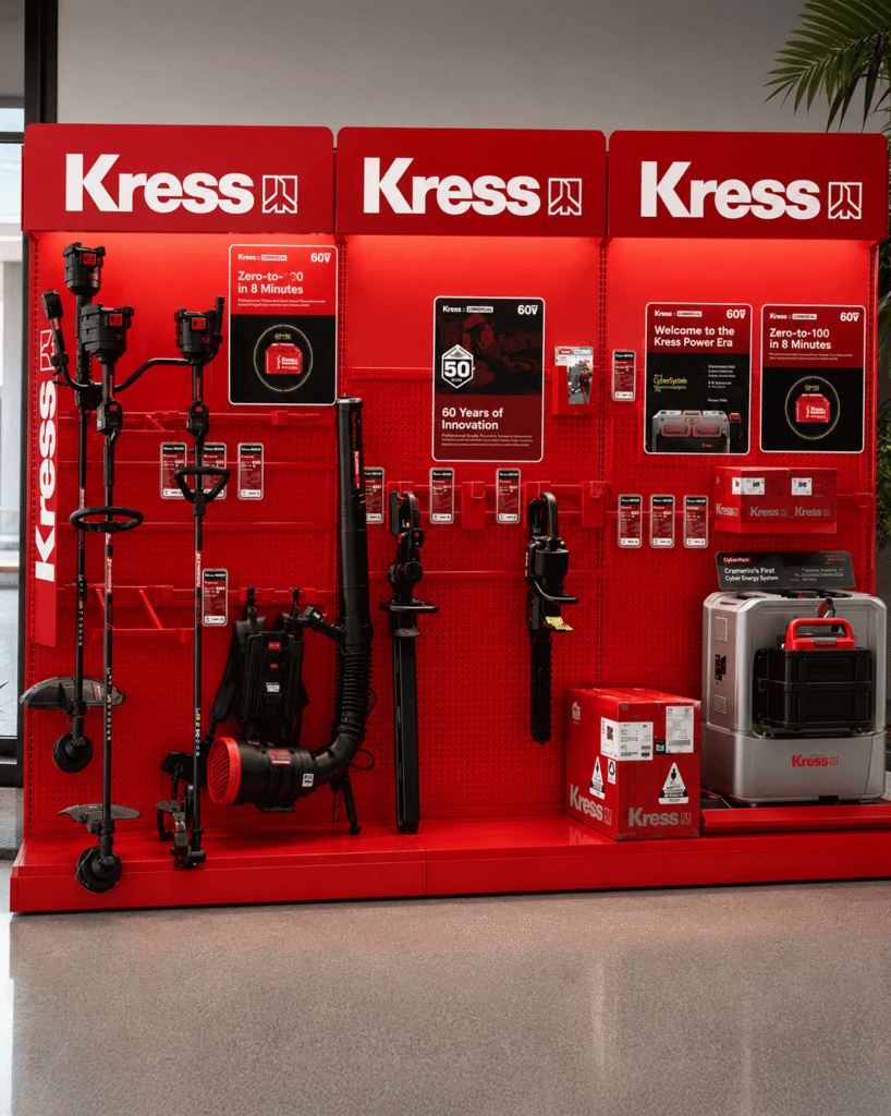 arX Display home improvement display for Kress outdoor power equipment, with a red pegboard wall merchandising trimmers, blowers, and a power station