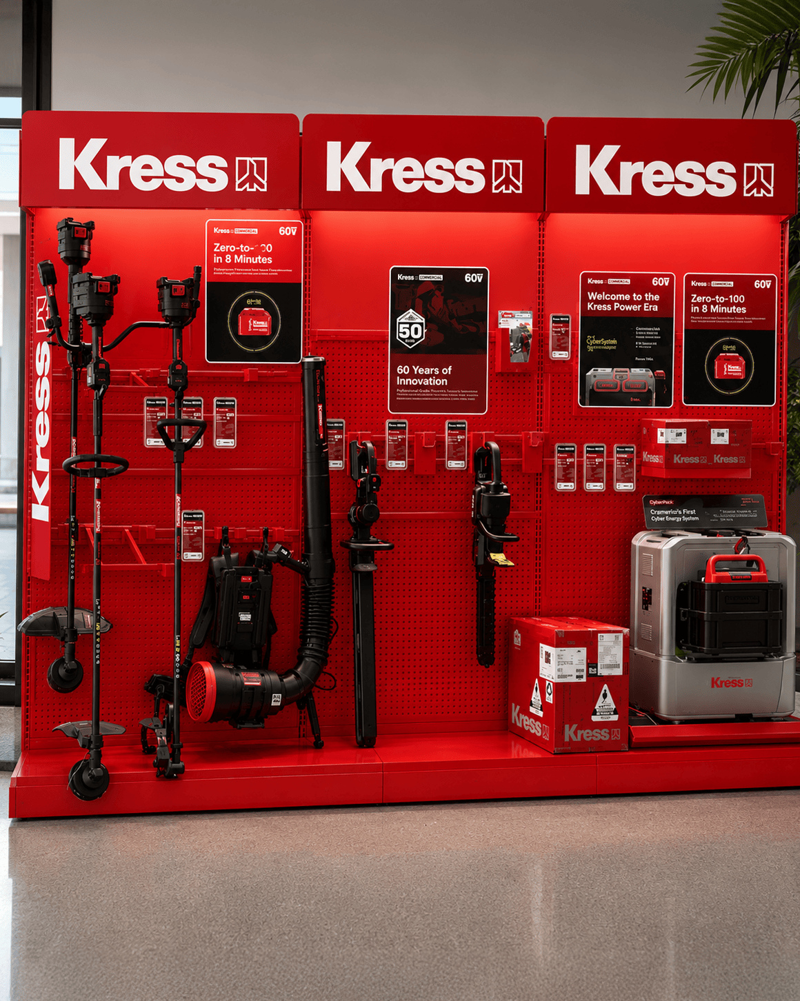 arX Display home improvement display for Kress outdoor power equipment, with a red pegboard wall merchandising trimmers, blowers, and a power station