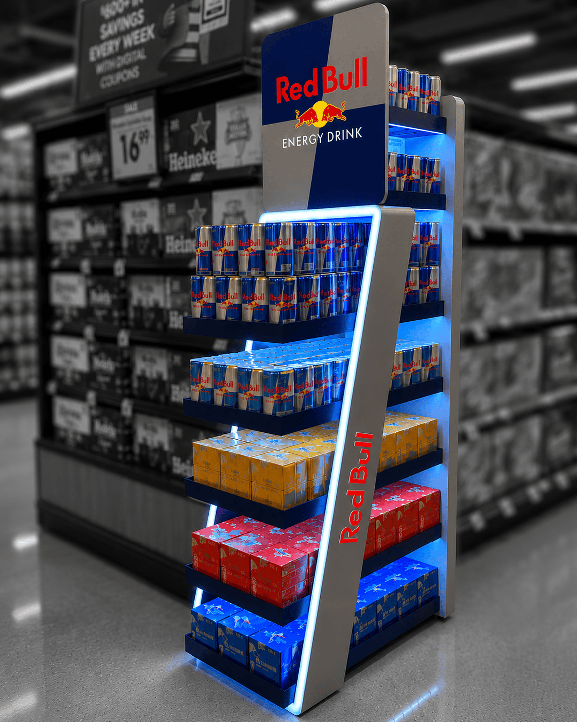 arX Display grocery and CPG retail display for Red Bull energy drinks, an illuminated freestanding floor stand with cans and multipacks in-aisle